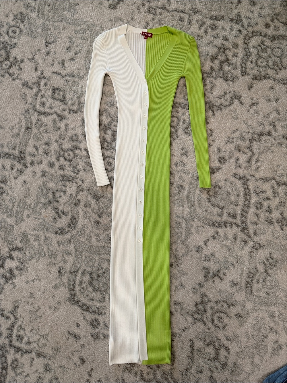 STAUD Two-Tone Ribbed Button-Front Maxi Dress in White & Lime XS